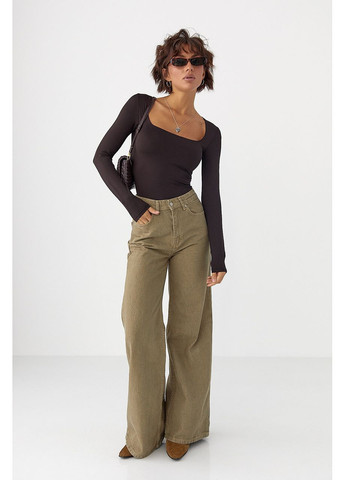 Еластичний боді з довгими рукавами - темно-коричневий колір Lurex (364967779)