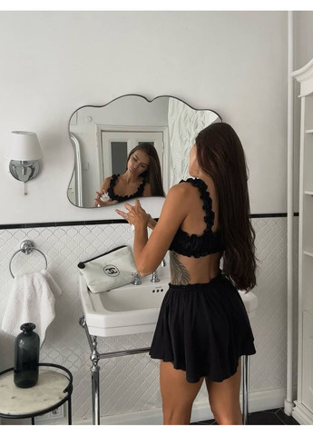 Черная всесезон домашний комплект тройка — замеры в описании рубашка + топ + брюки GD/GL Модний простір