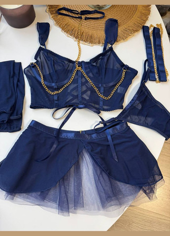 Синий комплект нижнего белья с юбкой и перчатками Simply sexy