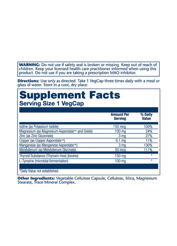 Добавка для щитовидной железы Thyroid Caps 60 капсул йод тирозин натуральные ингредиенты Solaray (367957385)
