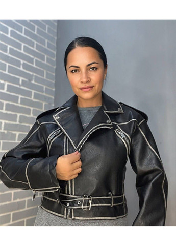 Чорна демісезонна куртка жіноча 2466 коротка косуха блискавки пояс варені шви екошкіра AFTF BASIC