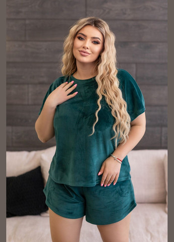 Изумрудная всесезон велюровая пижами двойка (футболка и шорты) Fashion Girl