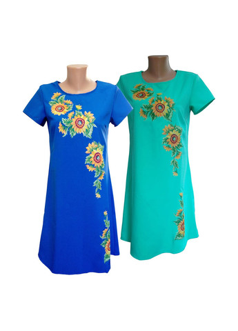 Синяя женское вышитое платье подсолнухи синее НоКо узор цветочный свободная (306741129)