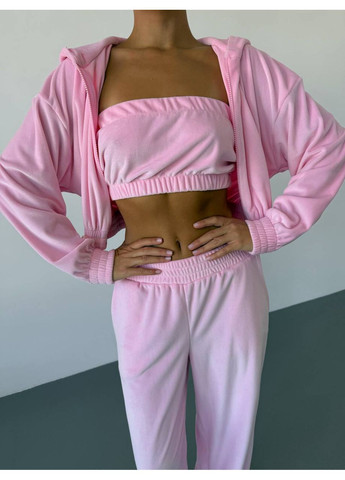 Рожева демісезонна костюм трійка трикотаж велюр,топ,кофта на штани Україна