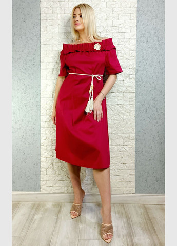 Бордовое повседневный, кэжуал платье а-силуэт, с открытыми плечами Lumina однотонное