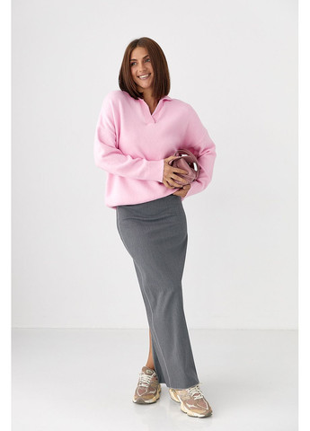 Розовый зимний вязаный однотонный свитер-поло - темно-серый цвет Lurex