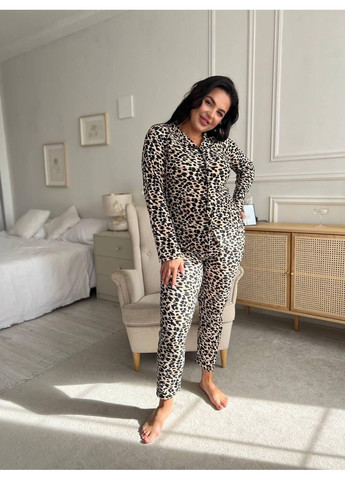 Комбінована жіноча піжама plus size леопардова, сорочка + штани / домашній комплект великих розмірів леопардовий принт / піжама жіноча No Brand