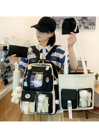 Шкільний набір 5 в 1 рюкзак, сумка-шопер, пенал, сумочка, сумочка-мішок 1294 Black-White No Brand (362475140)