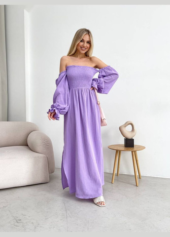 Сиреневое повседневный, вечернее женское платье макси с разрезом с открытыми плечами Україна однотонное