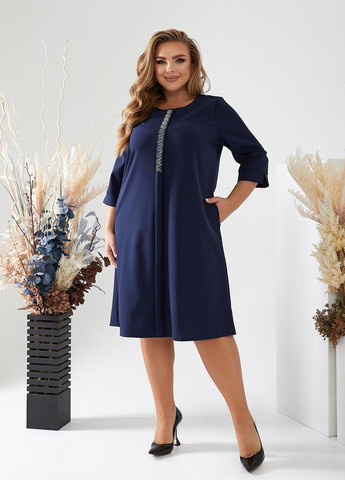 Темно-синя святковий, вечірня сукня вільного фасону а-силует міді з кишенями а-силует No Brand однотонна