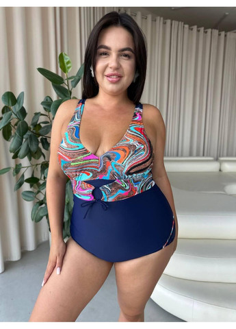 Синий летний женский купальник сплошной абстракция плюс сайз женский купальник синий с ярким принтом больших размеров No Brand