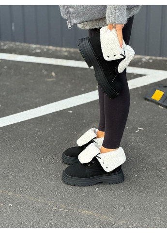 Зимние женские ботинки тёплые зимние на меху чёрные натуральная замша высокие берцы с отворотом на шнуровке тракторная подошва No Brand