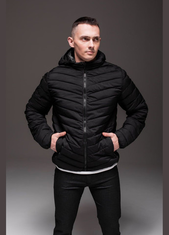Черная демисезонная утепленная стеганная куртка съемный капюшон Vakko
