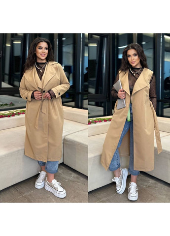 Бежеве демісезонне Пальто тренч двійка:жилет +куртка балеро,котон тренч,з поясом на ґудзиках Україна