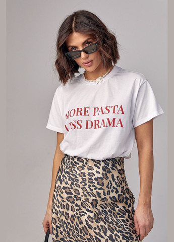 Червона літня жіноча футболка з написом more pasta less drama Lurex