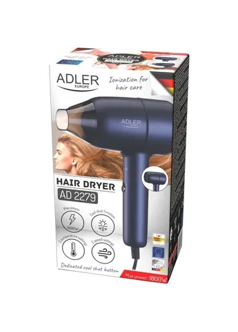 Фен AD 2279b blue 1800Вт/ 2 швидкості/ хол.обдув/ темп.режимів-2/іонізація/ насадки - 1 шт. Adler (380239319)