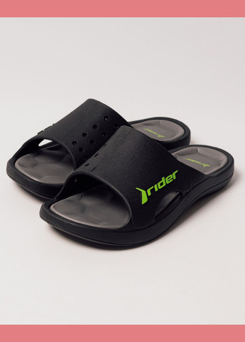 Черные пляжные шлепанцы мужские перфорированные черно-зеленые резина Rider