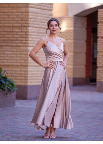 Бежевое вечернее платье колокол, с юбкой-солнце First Woman однотонное