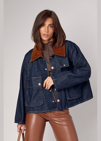 Темно-синяя демисезонная джинсовая куртка с вельветовым воротником и накладными карманами Lurex