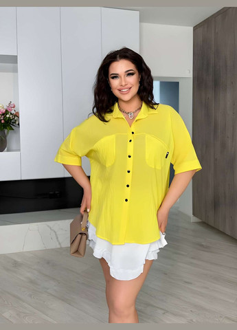 Жёлтая женская летняя весенняя рубашка блуза блузка на пуговицах жатка коричневая, шоколадная хл 2хл 3хл Україна