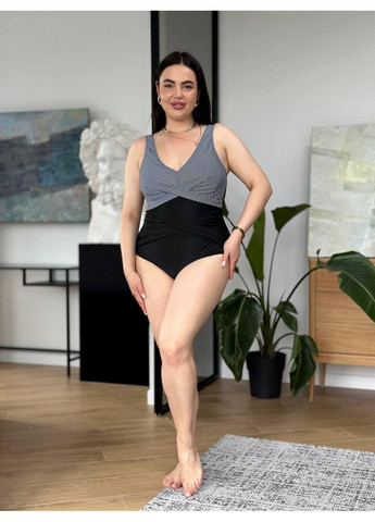 Черный летний женский сплошной купальник плюс сайз серый верх низ / женский купальник больших размеров с перекрестком на талии No Brand