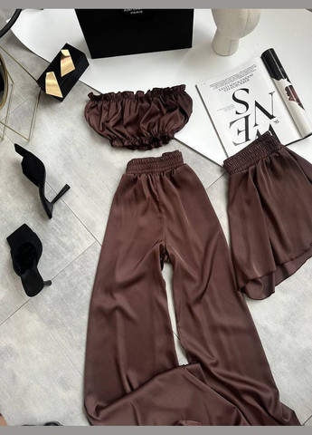 Коричневая всесезон пижама тройка топ + брюки No Brand