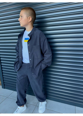 Серый костюм для мальчиков из микровельвета, брюки и рубашка на кнопках. Україна