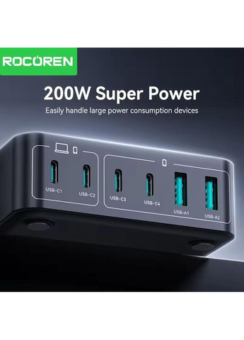 Зарядное устройство 200W GaN 0242 2U+4C black Rocoren (353746264)