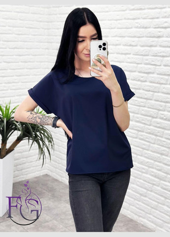 Тёмно-синяя летняя блузка футболка свободного кроя Fashion Girl