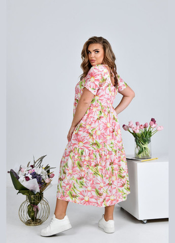 Розовое повседневный штапельное платье с воланом а-силуэт No Brand с цветочным принтом
