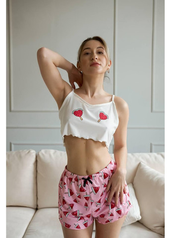 Комбінована жіноча піжама біла з рожевими шортами та принтом кавунів / жіноча піжама сатинова рожево-біла з малюнком фруктів / жіноча піжама No Brand