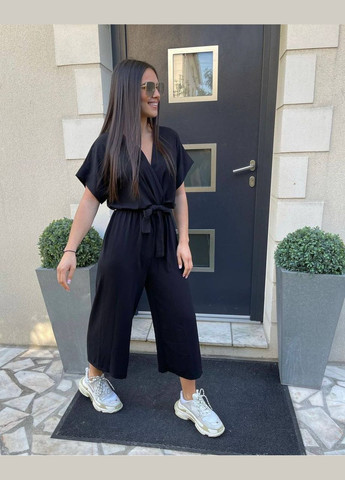 Жіночий чорний комбінезон No Brand однотонний чорний повсякденний, кежуал креп