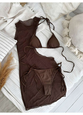 Коричневий літній жіночий літній пляжний комплект роздільний купальник і сукня-парео туніка коричневий шокол... роздільний No Brand