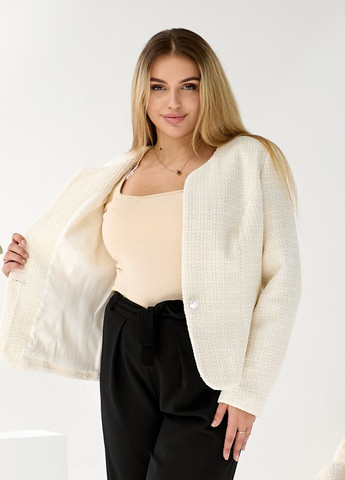 Молочный женский жакет женский без лацканов букле с подкладкой No Brand однотонный - всесезон