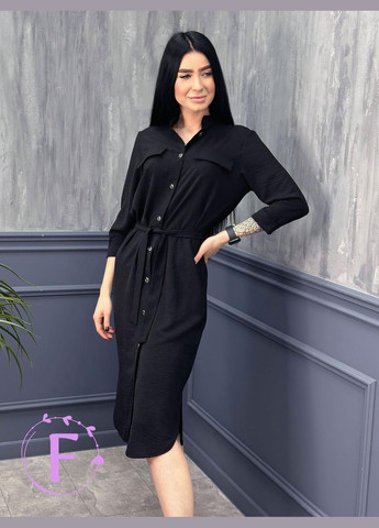 Черное длинное платье-рубашка с поясом Fashion Girl