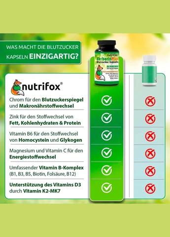 Берберин (цинк, хром, магній, B12, B6, фолієва кислота) 500 мг - 120 капсул Nutrifox (380197178)