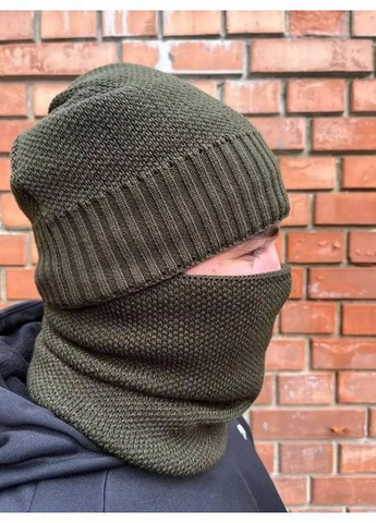 Чоловічий зимовий комплект шапка-хомут хакі, в’язаний набір 56–60 см з акрилу на подвійній флісовій підкладці No Brand (363052223)