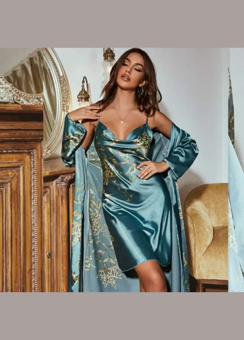 Атласний набір халат та пеньюар із сакурою (ПІН-ХАЛ-САК-ЗЕЛ) Vakko (322334213)