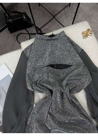 Серебряное праздничный платье из диско-ткани и шифоновыми рукавами «плащ» — замеры в описании силуэтная GD/GL Модний простір однотонное