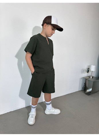 Оливковий (хакі) літній літні комплекти з натурального льону для хлопчика No Brand