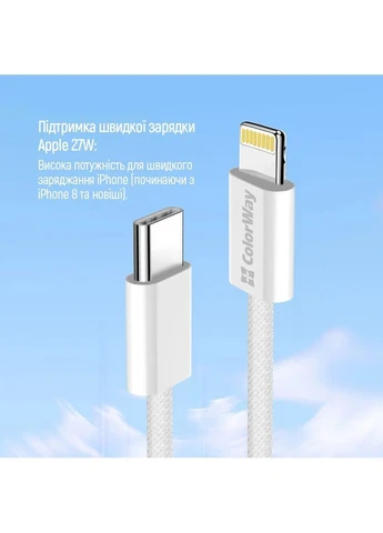 Кабель Type-C - Lightning, серый, 27W PD (1м) плетеный для быстрой зарядки iPhone / iPad Colorway (392283151)