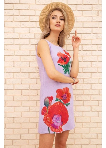 Бузкова коротка сукня з льону, з квітами маки, колір бузковий, 172r019-1 Ager