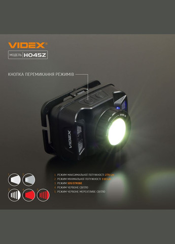 Налобний ліхтар VLF-H045Z 270Lm Чорний Videx (335834584)