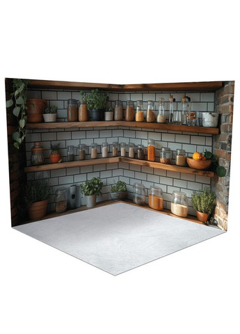 Угловой фотофон 3D виниловый, кухня с банками, пол натуральное дерево и камень, 50×50 см, №58326 PhotoVinyl (354374450)