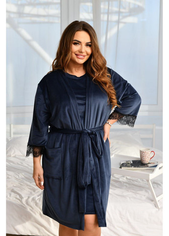 Синий демисезонный комплект домашний двойка велюр на бобовой основе, халат и платье Україна