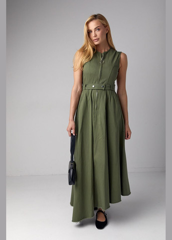 Оливкова (хакі) сукня максі з блискавкою та асиметричним подолом Lurex