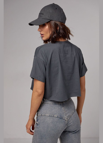 Темно-серая летняя укороченная женская футболка с принтом nasa 1259 с коротким рукавом Lurex