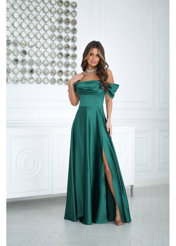 Зеленое праздничный, вечернее атласное платье макси со спущенными рукавами и драпировкой MonCher