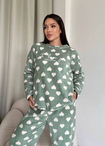 Фісташкова зимня жіноча піжама з плюшу з принтом у сердечках світшот + брюки Tik-Tak