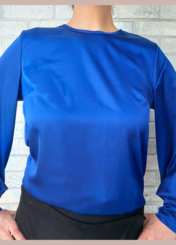 Комбінована класична жіноча шовкова блуза однотонна базова, з довгим рукавом колір синій No Brand